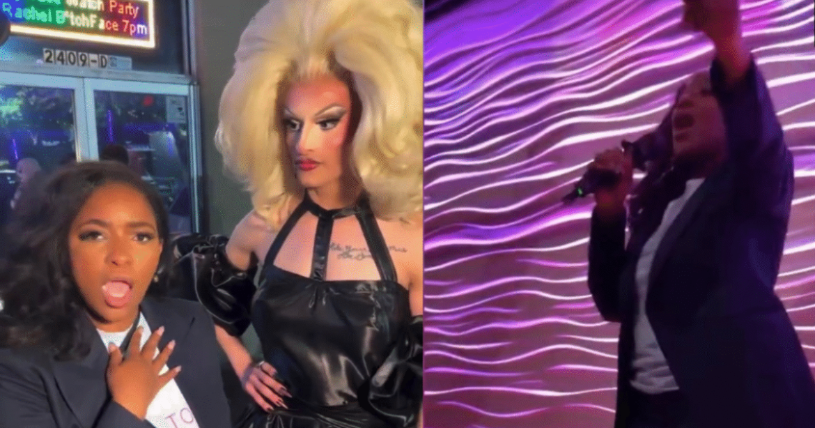 WHAT A JOKE! Texas Democrat Senate Frontrunner Jasmine Crockett Campaigns at “Rachel B*tchface’s” RuPaul’s Drag Race Watch Party in Houston, Texas and Sings Karaoke (VIDEO)